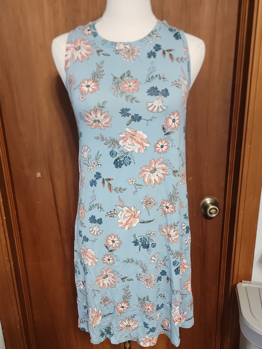 Sleeveless Light Blue Floral A-Line Dress